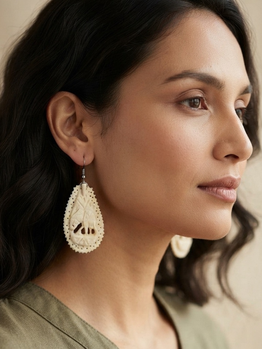 Handmade Carved Elephant Earrings Boho Tribal Artisan Statement